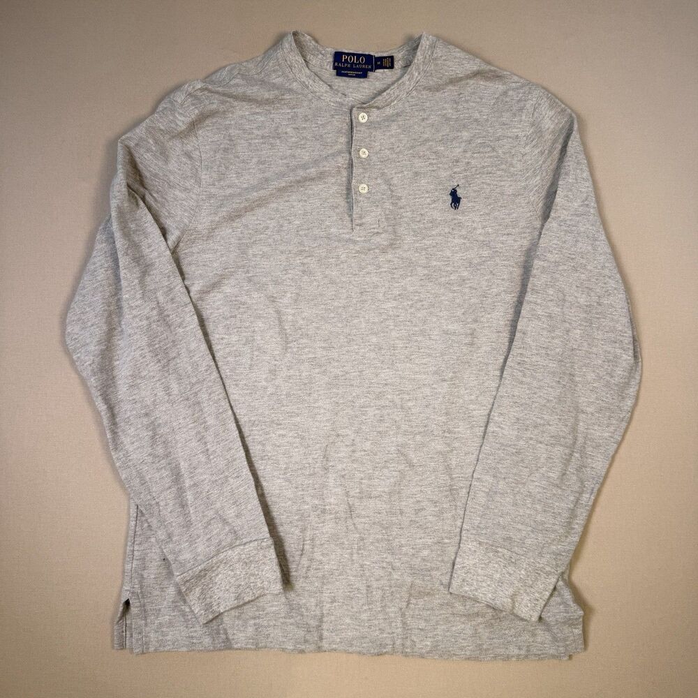 Polo Ralph Lauren Shirt Men's Medium Grey Featherweight Mesh Henley Blue Pony